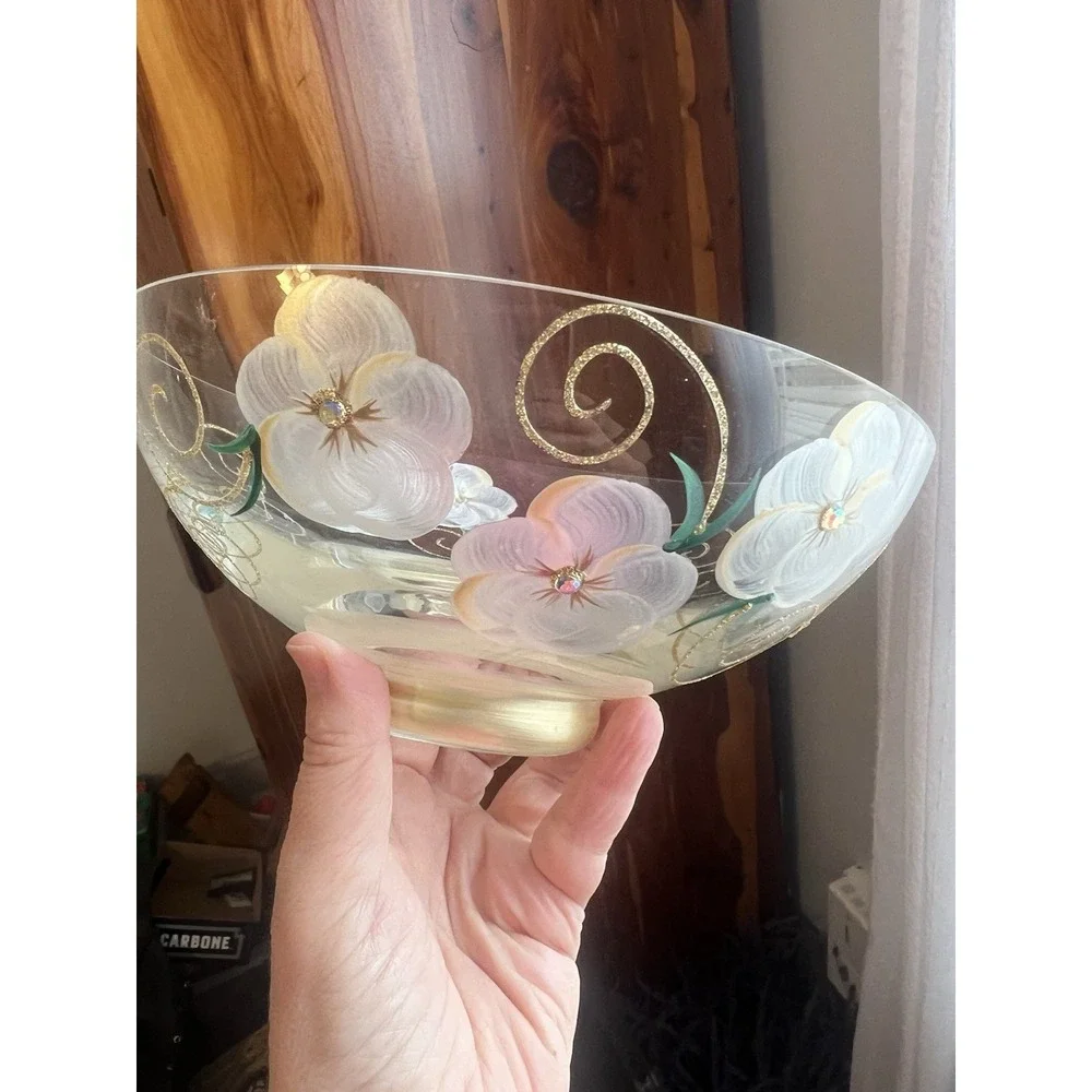 Madigan Australia Hand Painted Art Glass Floral‎ Bowl Gold Rhinestone Cottage